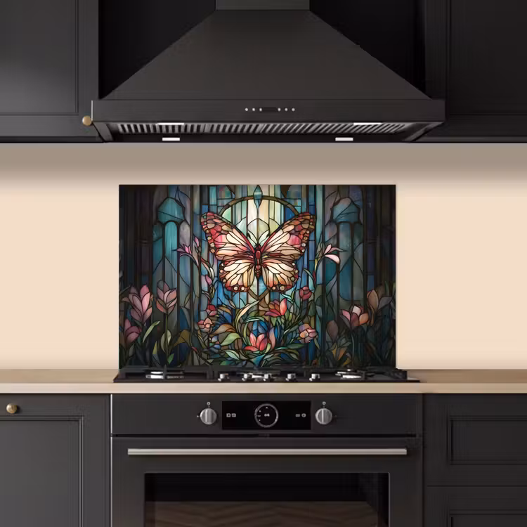 Spatscherm keuken - Vlinder - Roze - Bloemen - Bladeren — 5