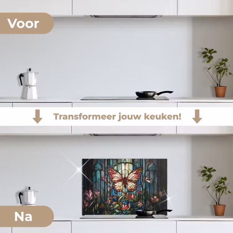 Spatscherm keuken - Vlinder - Roze - Bloemen - Bladeren — 7