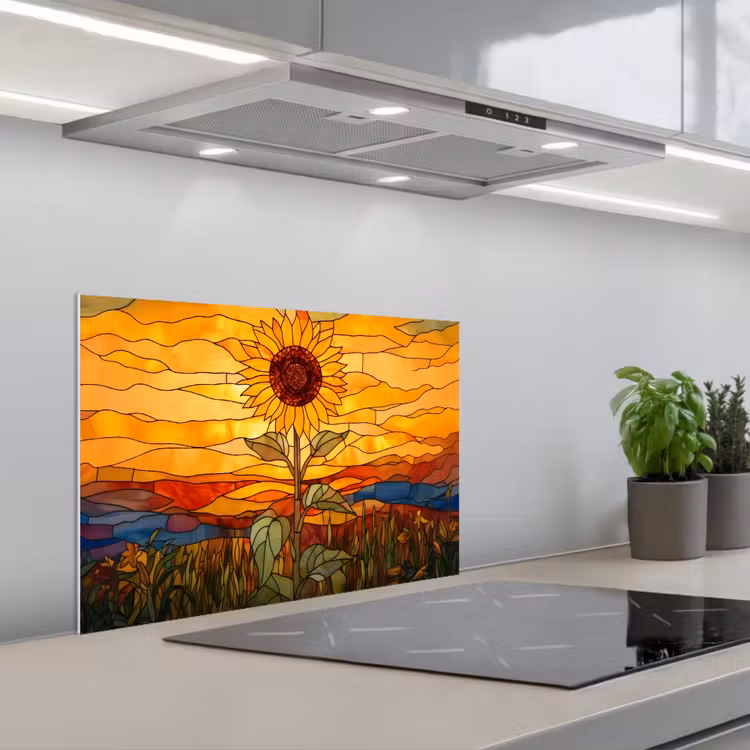 Spatscherm keuken - Zonnebloem - Mozaïek - Zonsondergang - Geel — 1