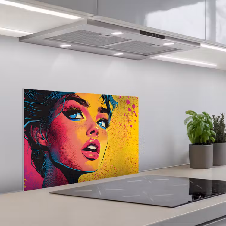 Spatscherm keuken - Close-up - Vrouwengezicht - Stippen - Geel — 1