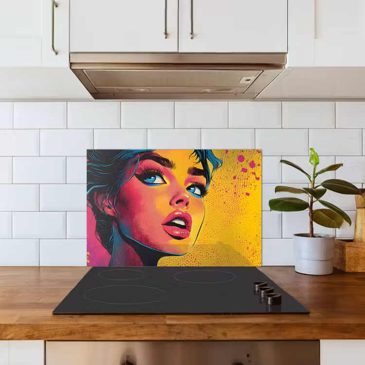 Spatscherm keuken - Close-up - Vrouwengezicht - Stippen - Geel — 3