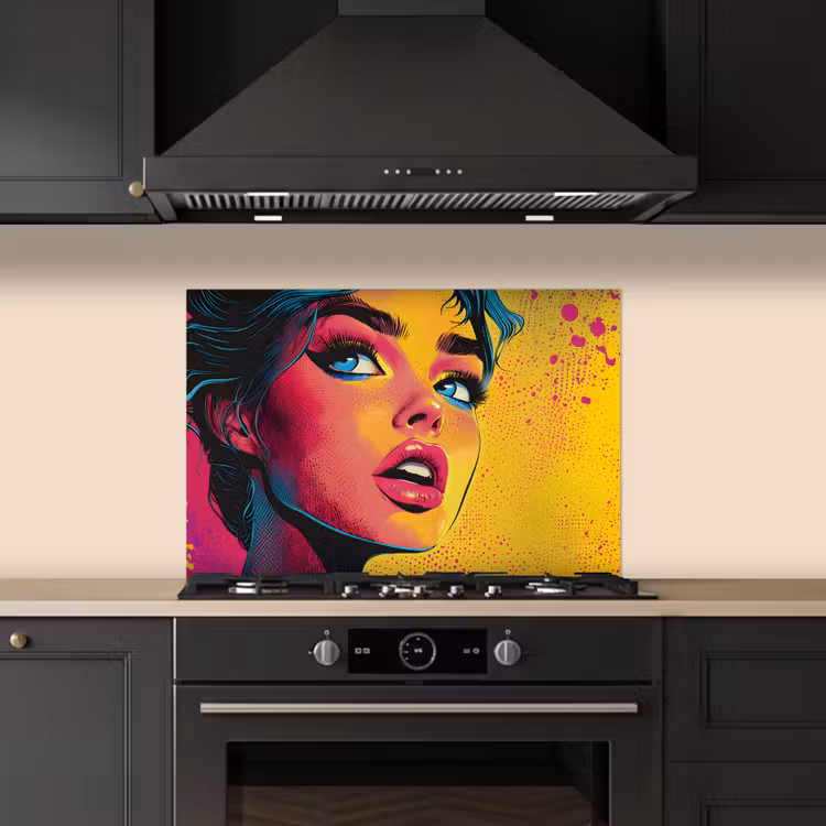 Spatscherm keuken - Close-up - Vrouwengezicht - Stippen - Geel — 5
