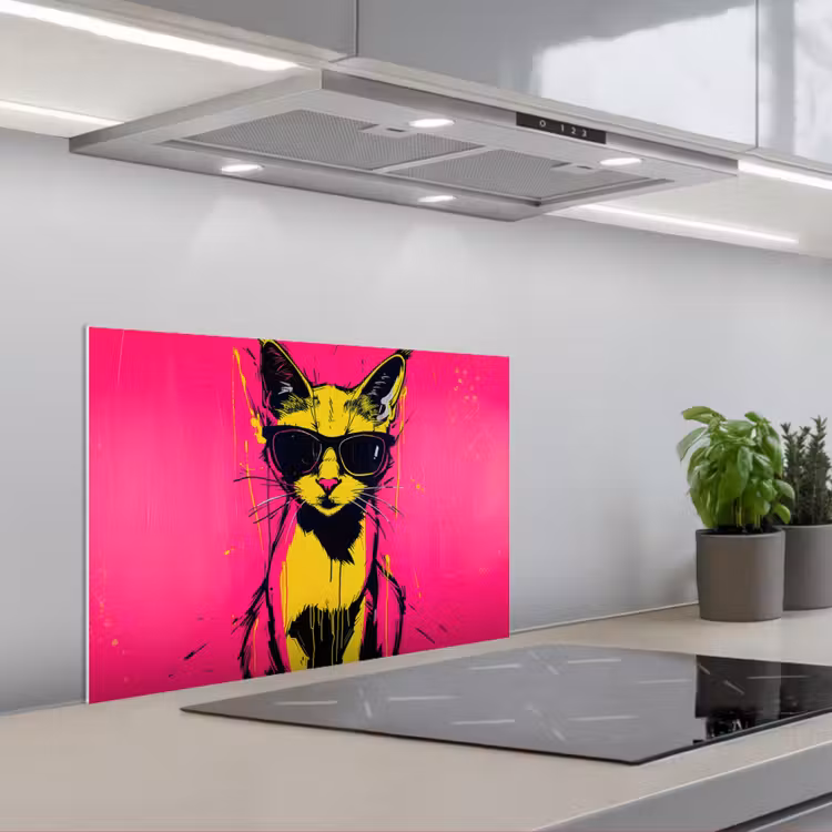 Spatscherm keuken - Kat - Art - Zonnebril - Roze — 1