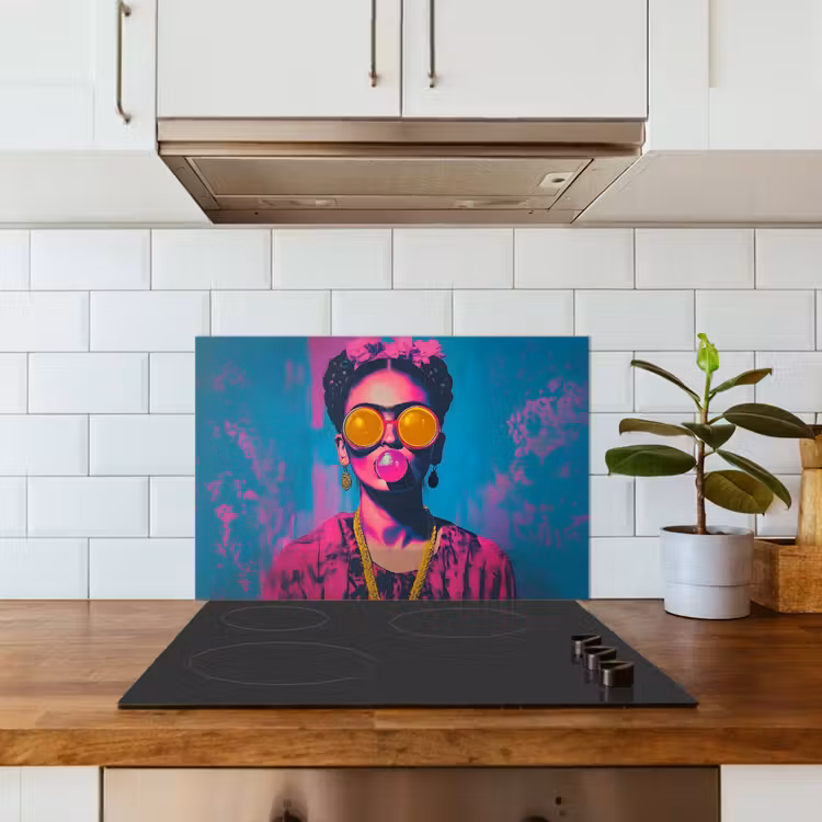 Spatscherm keuken - Vrouw - Kauwgom - Zonnebril - Oranje — 3