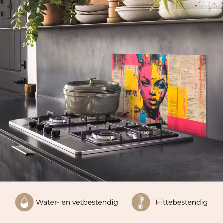 Spatscherm keuken - Vrouwengezicht - Krantenpapier - Abstract - Roze — 2