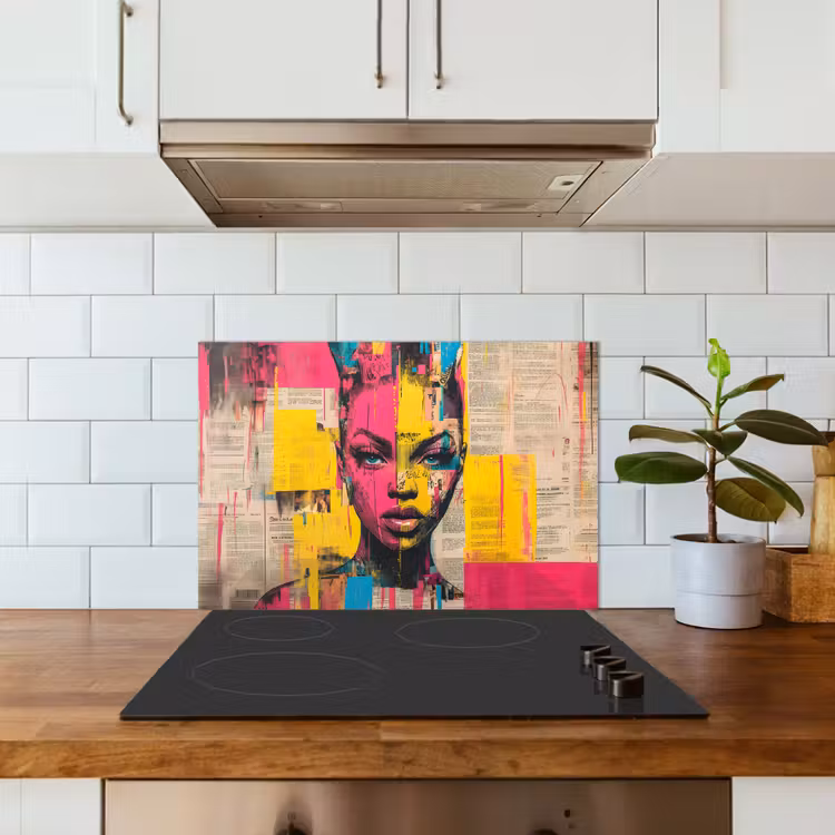 Spatscherm keuken - Vrouwengezicht - Krantenpapier - Abstract - Roze — 3
