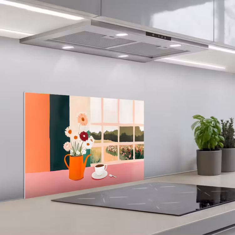 Spatscherm keuken - Bloemen - Koffie - Raam — 1