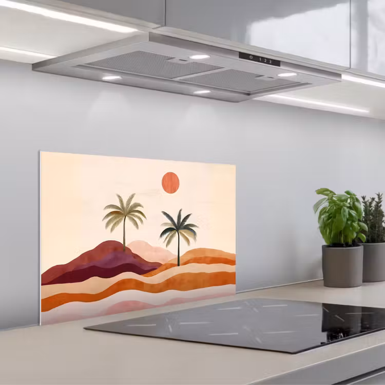 Spatscherm keuken - Palmbomen - Abstract - Zon - Heuvels — 1