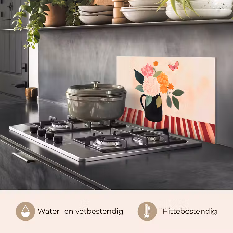 Spatscherm keuken - Vaas - Bloemen - Vlinder - Rood — 2