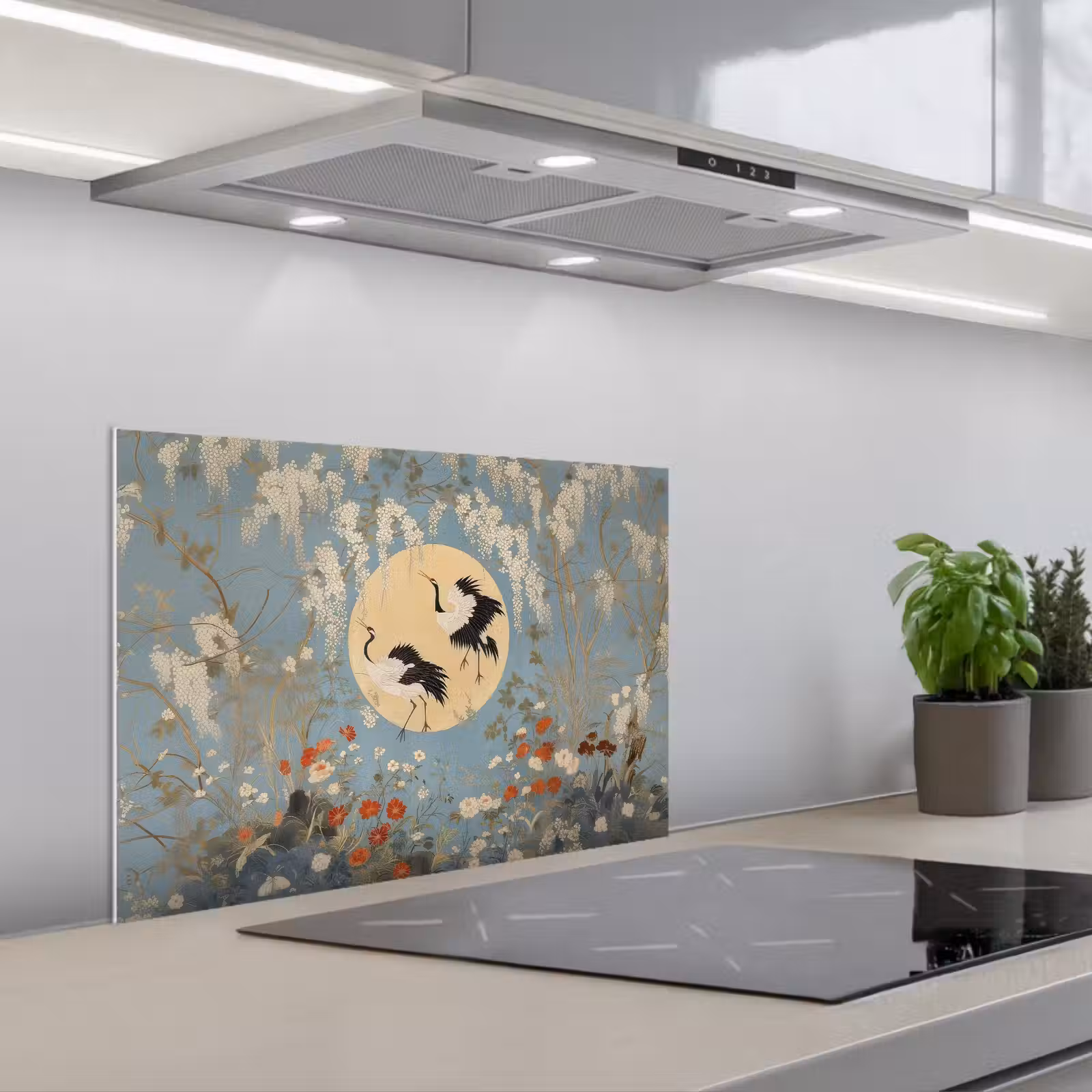 Spatscherm keuken - Kraanvogels - Maan - Bloemen - Blauw — 1