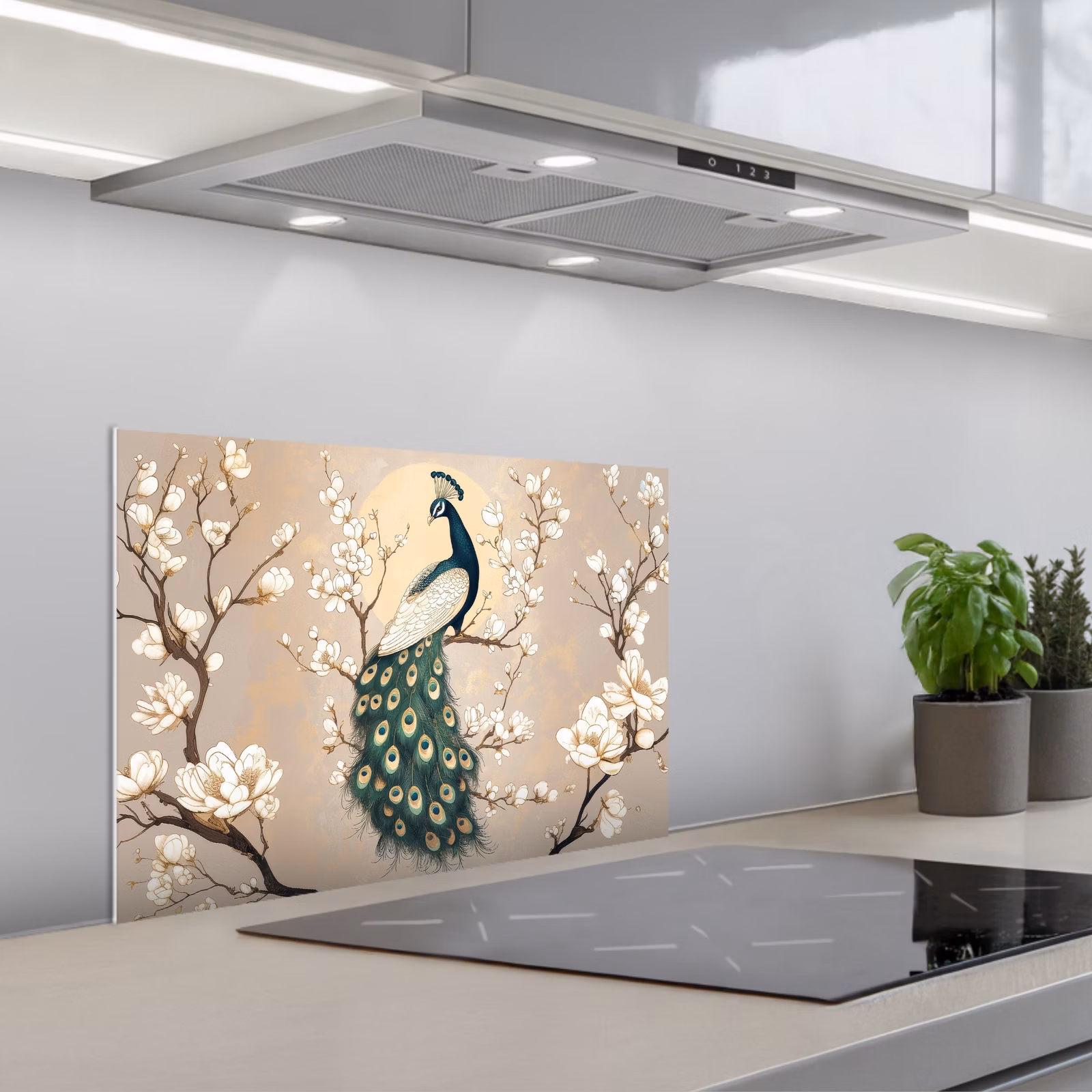 Spatscherm keuken - Pauw - Tak - Bloemen — 1
