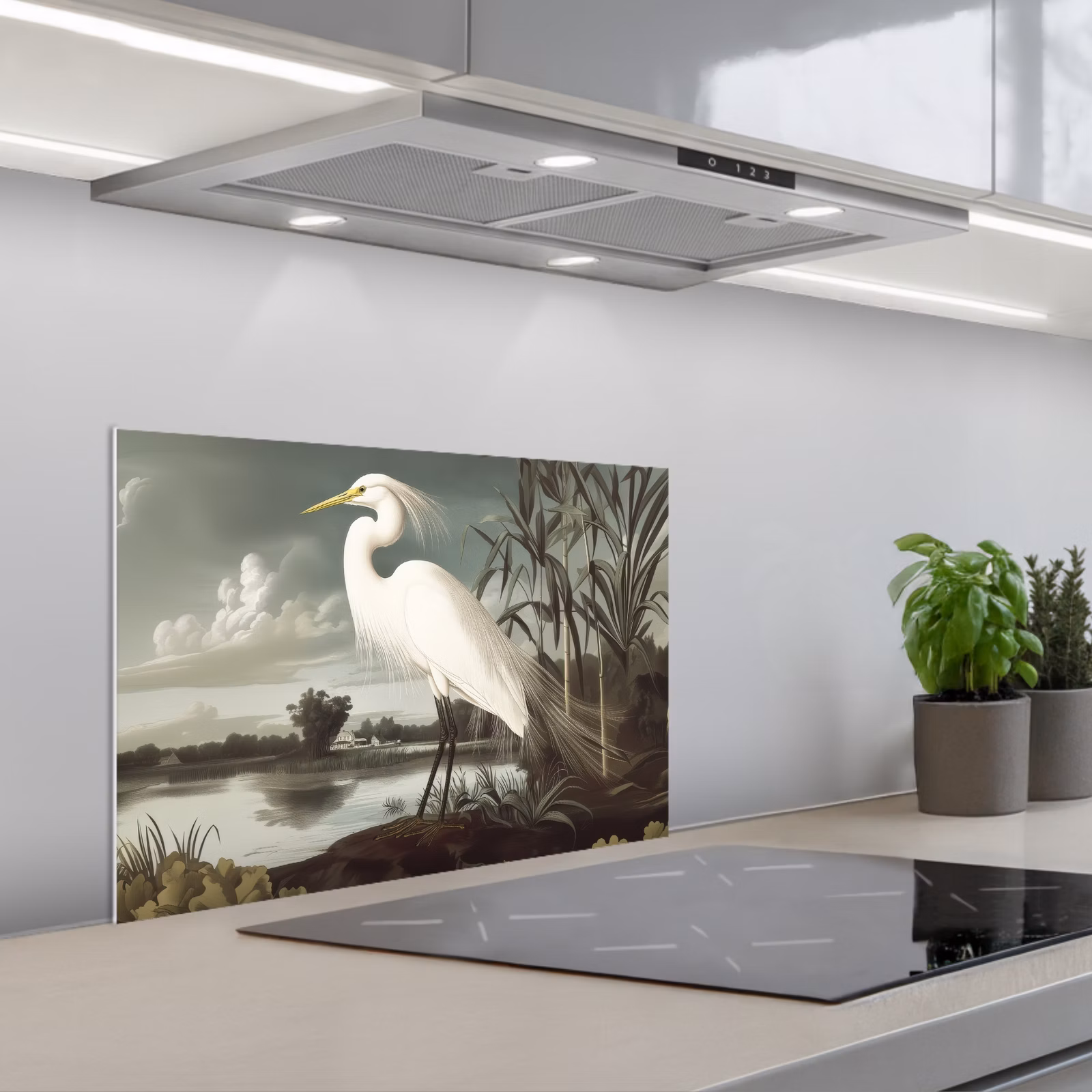 Spatscherm keuken - Reiger - Planten - Wolken - Wit — 1