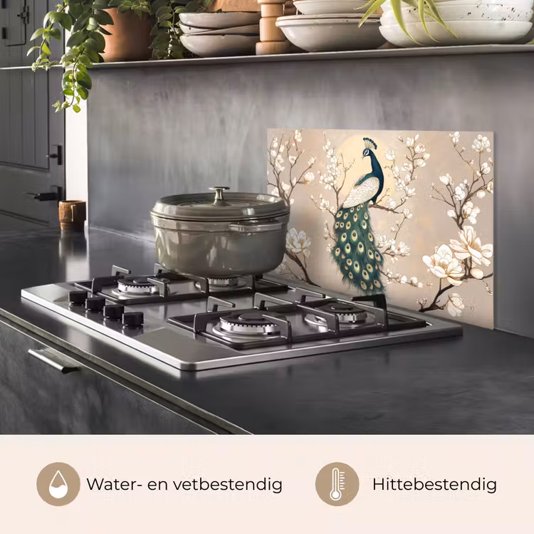Spatscherm keuken - Pauw - Tak - Bloemen — 2