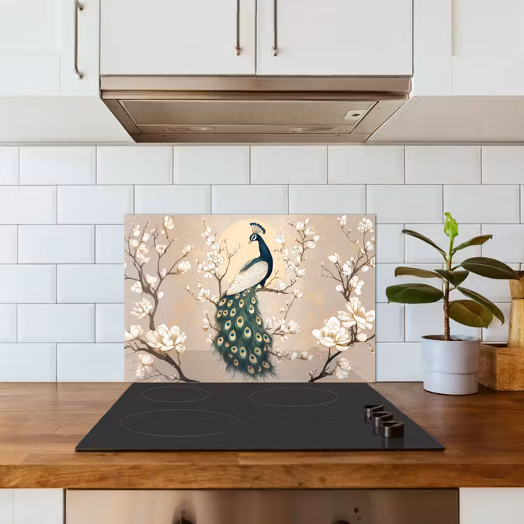 Spatscherm keuken - Pauw - Tak - Bloemen — 3