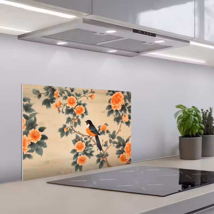 Spatscherm keuken - Vogel - Tak - Bloemen - Oranje — 1