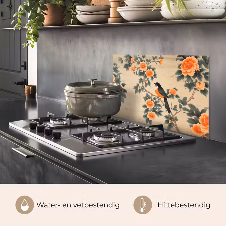 Spatscherm keuken - Vogel - Tak - Bloemen - Oranje — 2