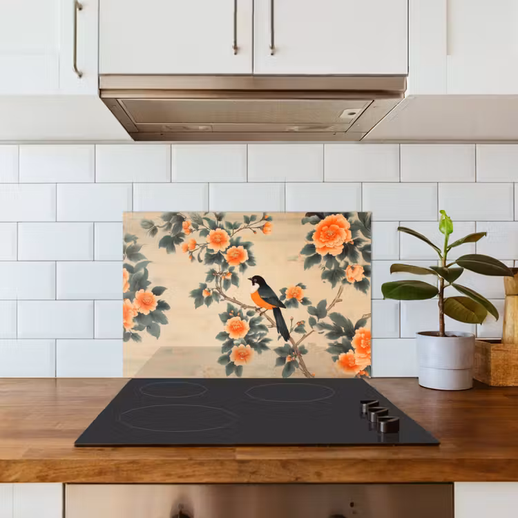 Spatscherm keuken - Vogel - Tak - Bloemen - Oranje — 3
