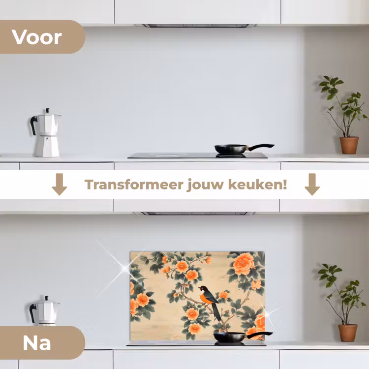 Spatscherm keuken - Vogel - Tak - Bloemen - Oranje — 7