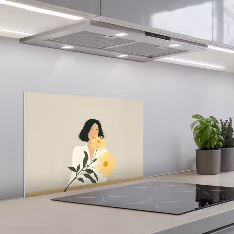 Spatscherm keuken - Vrouw - Bloem - Geel - Minimalistisch — 1