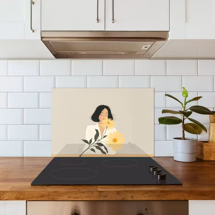 Spatscherm keuken - Vrouw - Bloem - Geel - Minimalistisch — 3