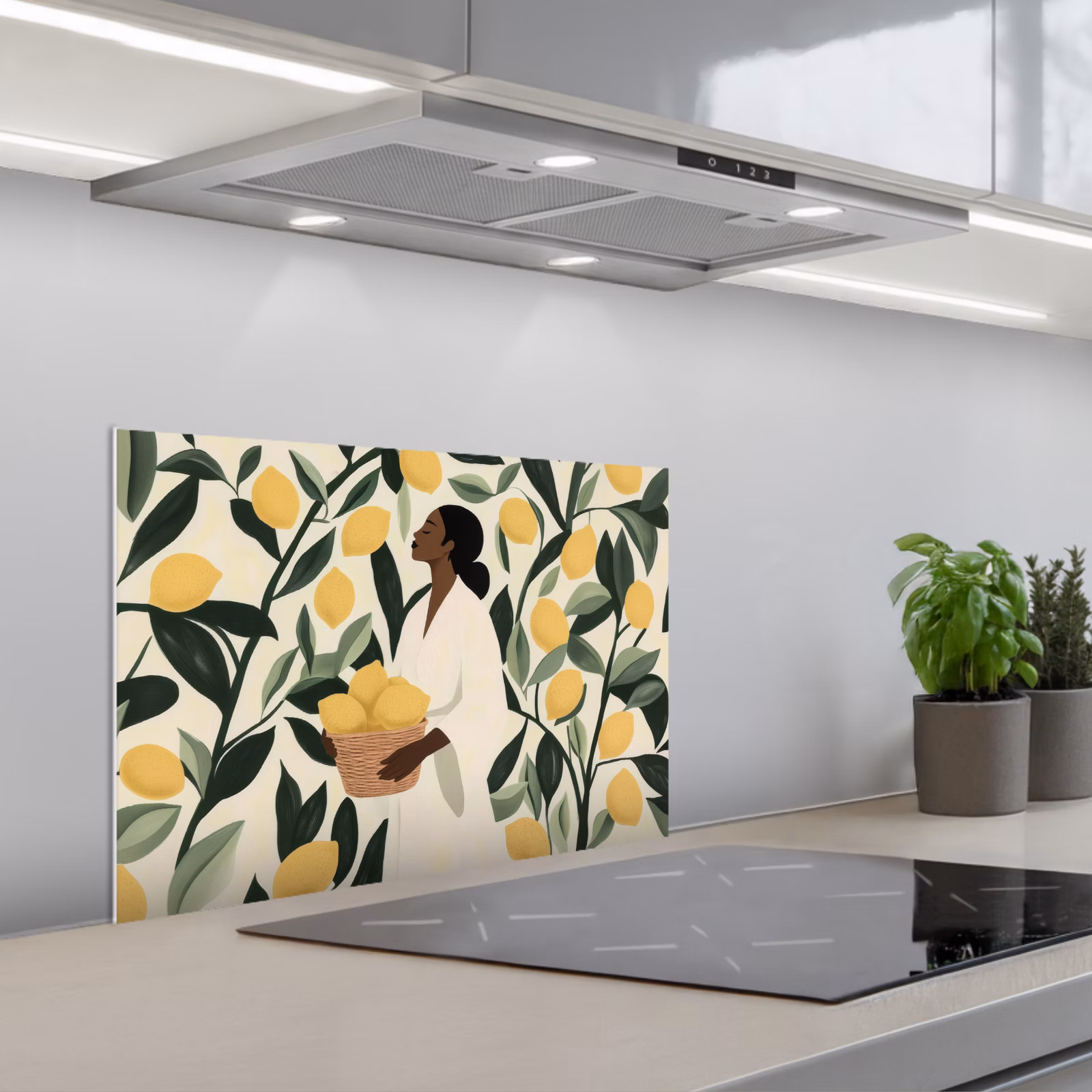 Spatscherm keuken - Vrouw - Mand - Citroenen - Bladeren — 1