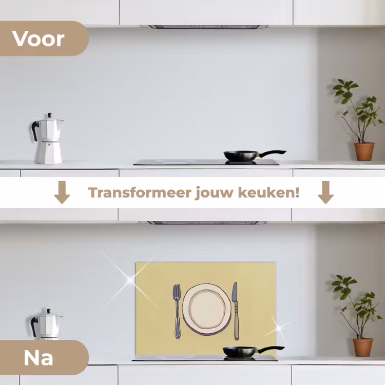 Spatscherm keuken - Illustratie - Bord - Bestek - Beige — 7