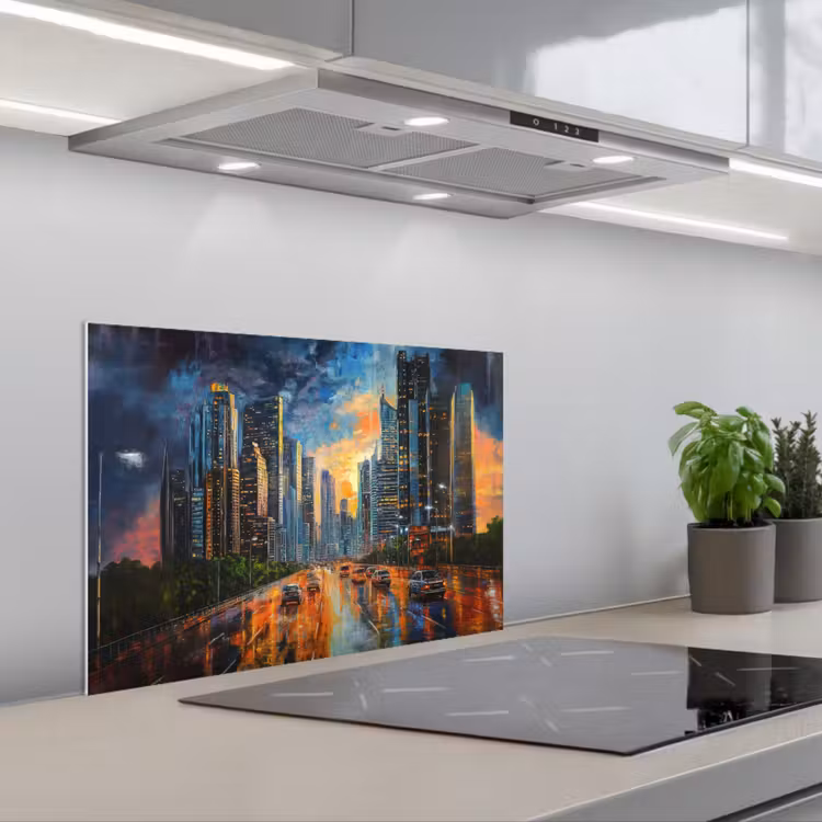 Spatscherm keuken - Auto - Skyline - Zon - Blauw — 1