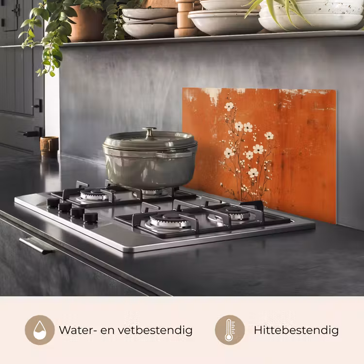 Spatscherm keuken - Bloemen - Wit - Subtiel - Roestkleur — 2
