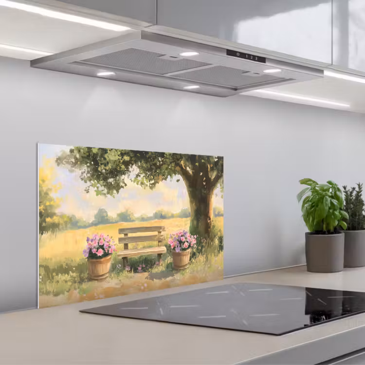 Spatscherm keuken - Houten bankje - Bloempotten - Landschap — 1