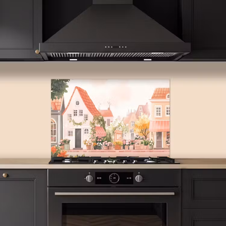 Spatscherm keuken - Bloemen - Huizen - Dorp — 5