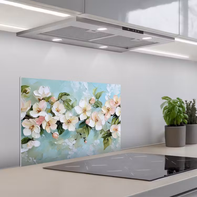 Spatscherm keuken - Bloesem - Bladeren - Lichtblauw — 1