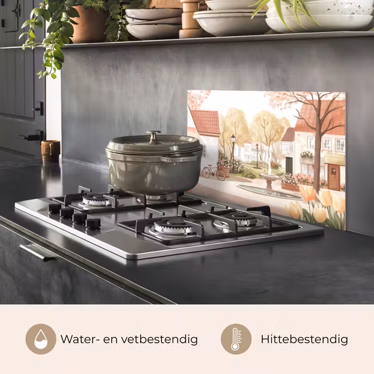 Spatscherm keuken - Dorpsplein - Fontein - Tulpen — 2