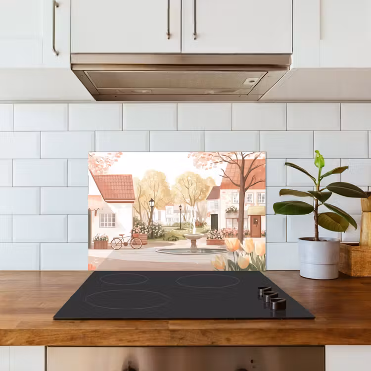 Spatscherm keuken - Dorpsplein - Fontein - Tulpen — 3
