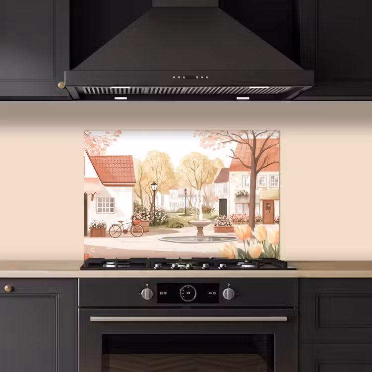 Spatscherm keuken - Dorpsplein - Fontein - Tulpen — 5