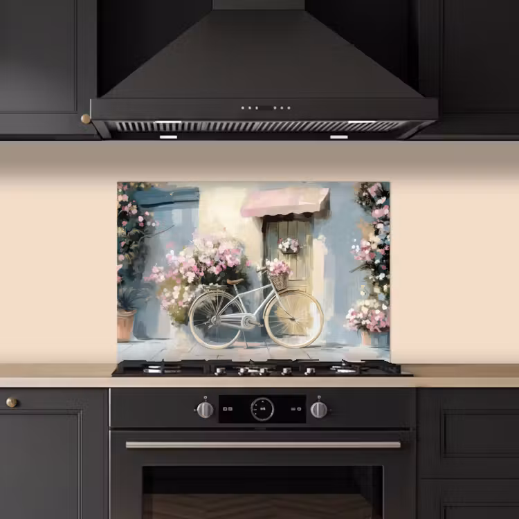 Spatscherm keuken - Fiets - Pastelkleuren - Bloemen — 5