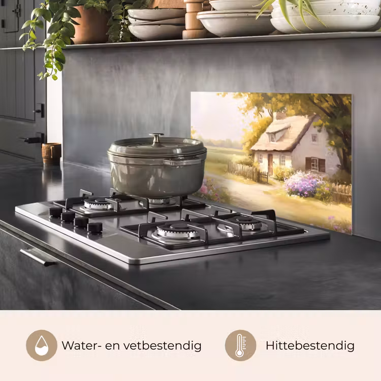 Spatscherm keuken - Huisje - Hout - Bloemen — 2