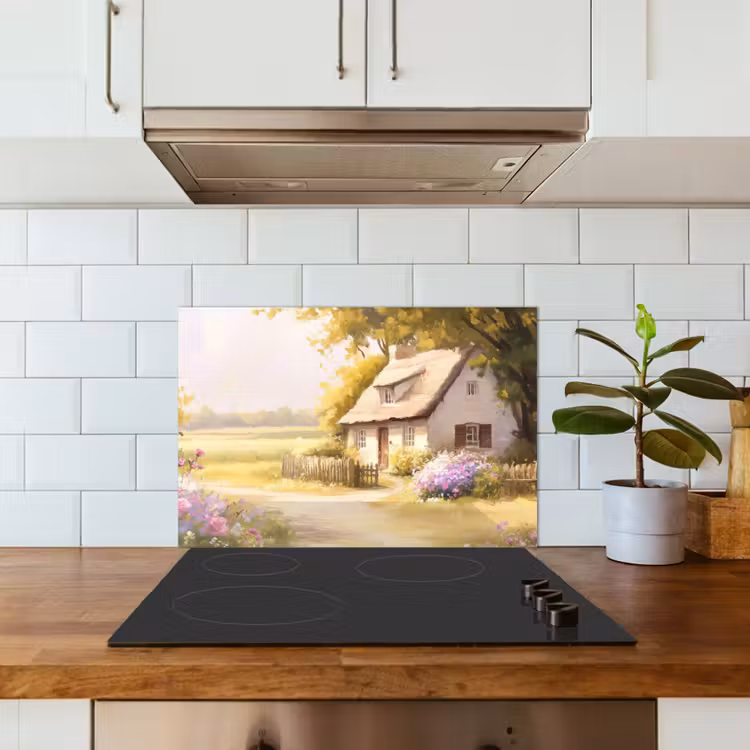 Spatscherm keuken - Huisje - Hout - Bloemen — 3