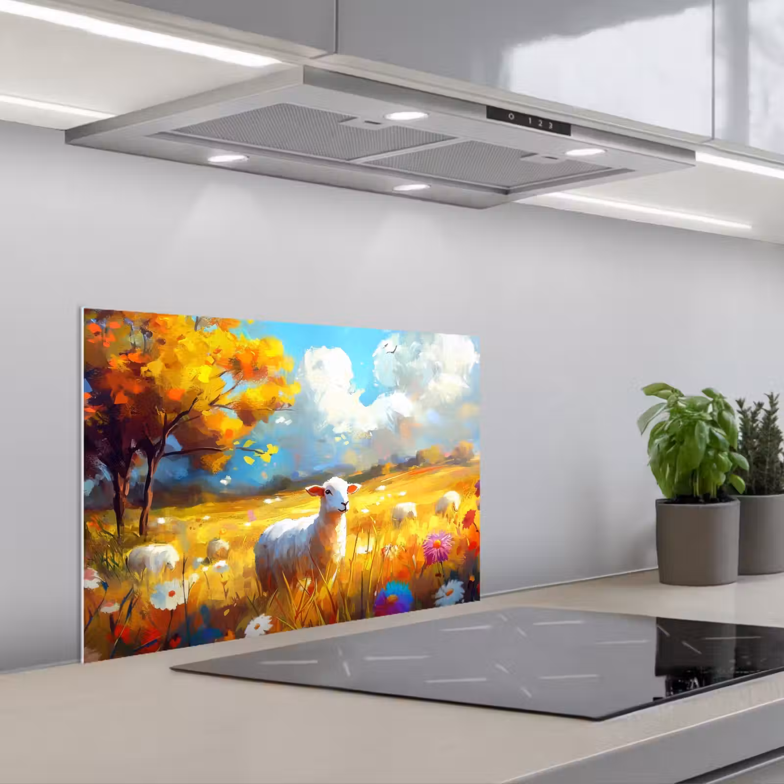 Spatscherm keuken - Schaap - Weide - Bloemen — 1