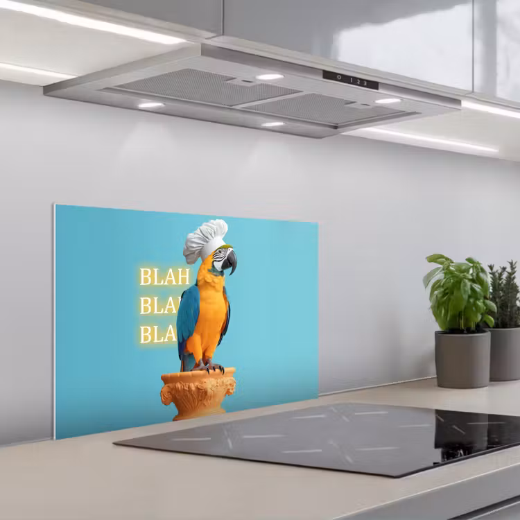 Spatscherm keuken - Papegaai - Koksmuts - Quote - Neon — 1