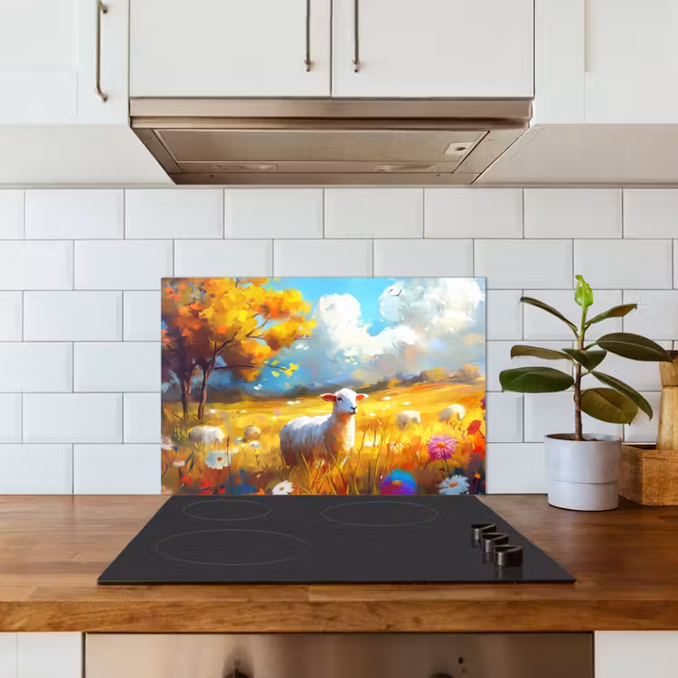 Spatscherm keuken - Schaap - Weide - Bloemen — 3