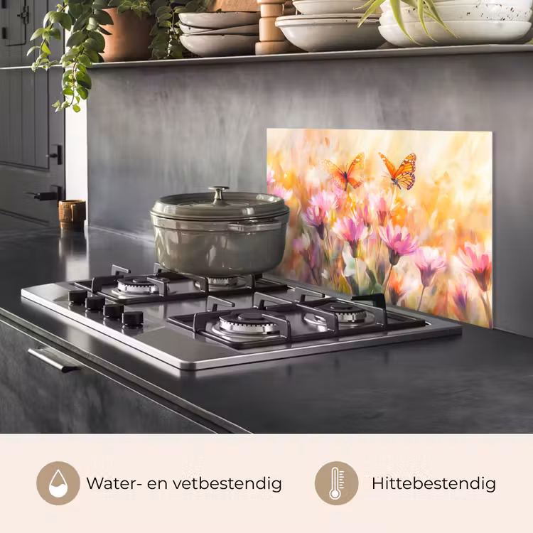 Spatscherm keuken - Vlinders - Oranje - Bloemen — 2