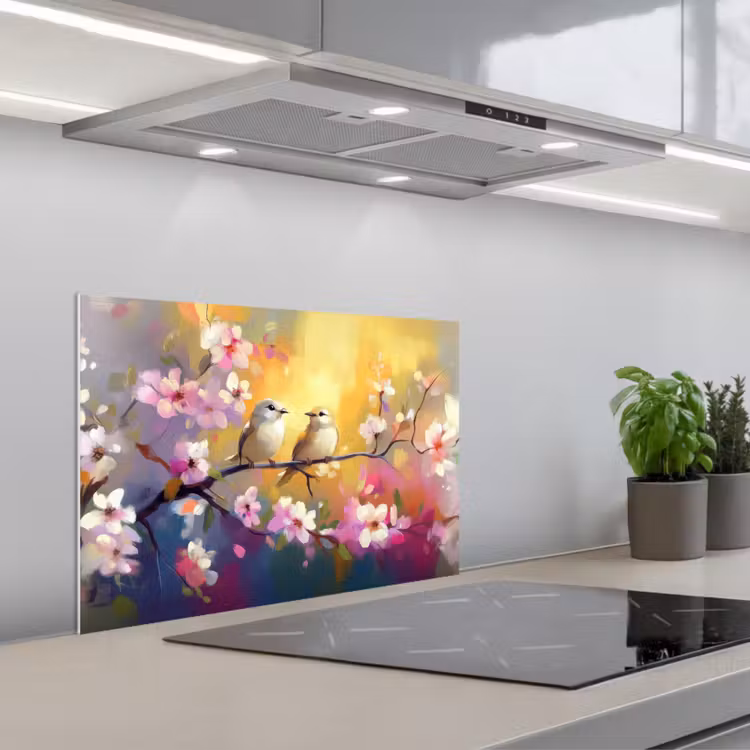 Spatscherm keuken - Vogels - Bloemen - Roze — 1