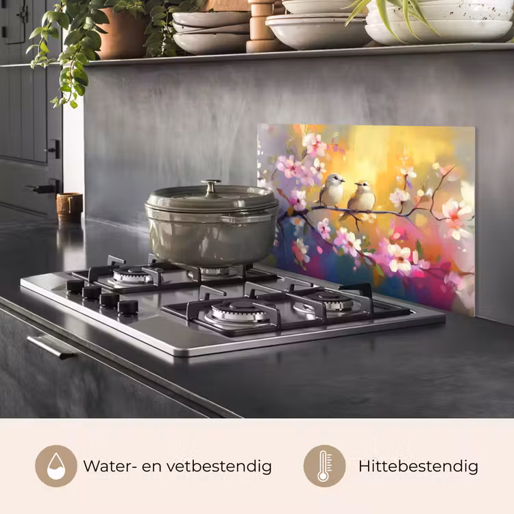 Spatscherm keuken - Vogels - Bloemen - Roze — 2