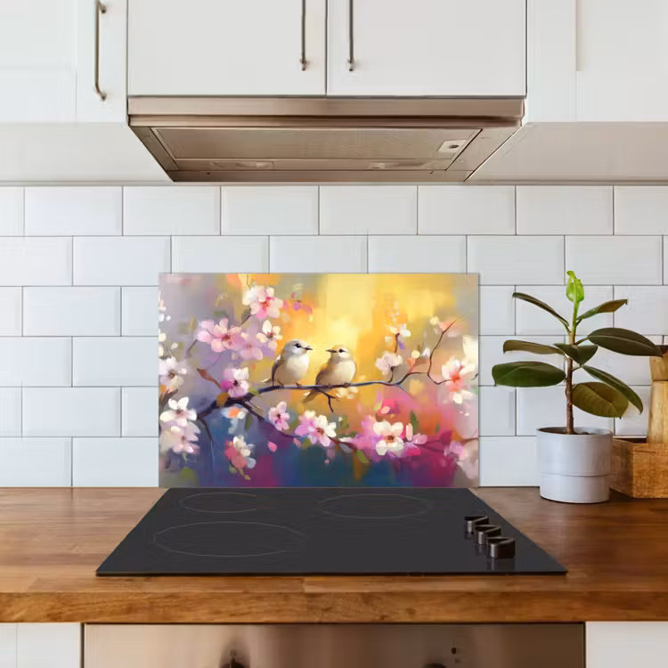 Spatscherm keuken - Vogels - Bloemen - Roze — 3