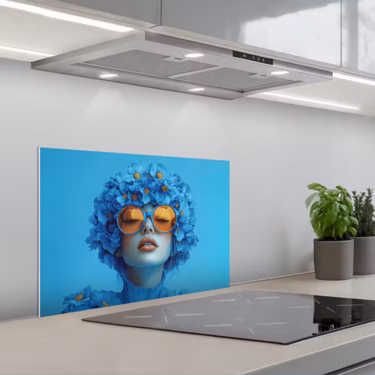 Spatscherm keuken - Vrouw - Bloem - Blauw - Modern - Bril - Portret — 1
