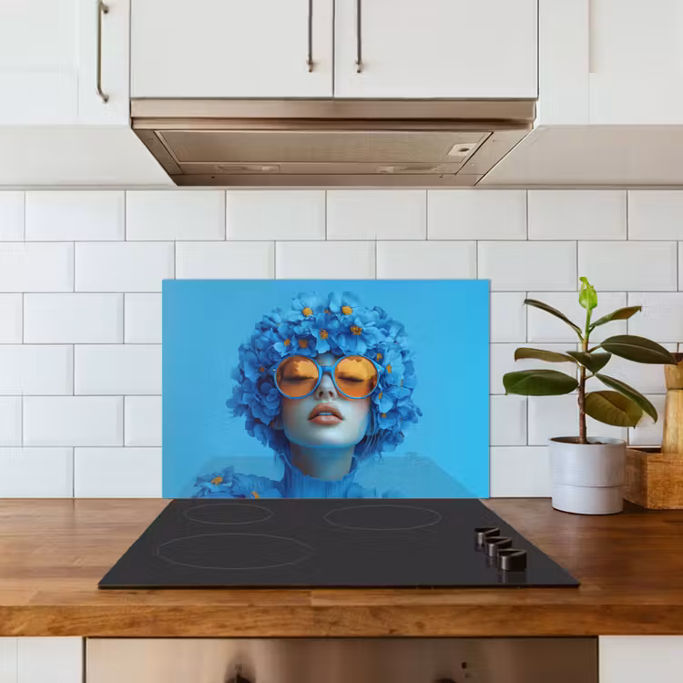 Spatscherm keuken - Vrouw - Bloem - Blauw - Modern - Bril - Portret — 3