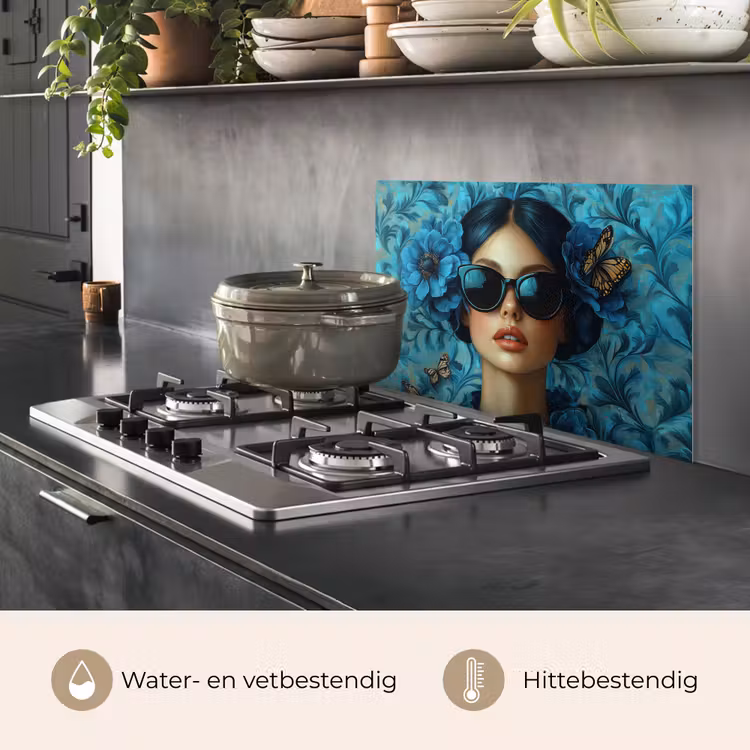 Spatscherm keuken - Vrouw - Bloemen - Vlinders - Blauw - Abstract — 2