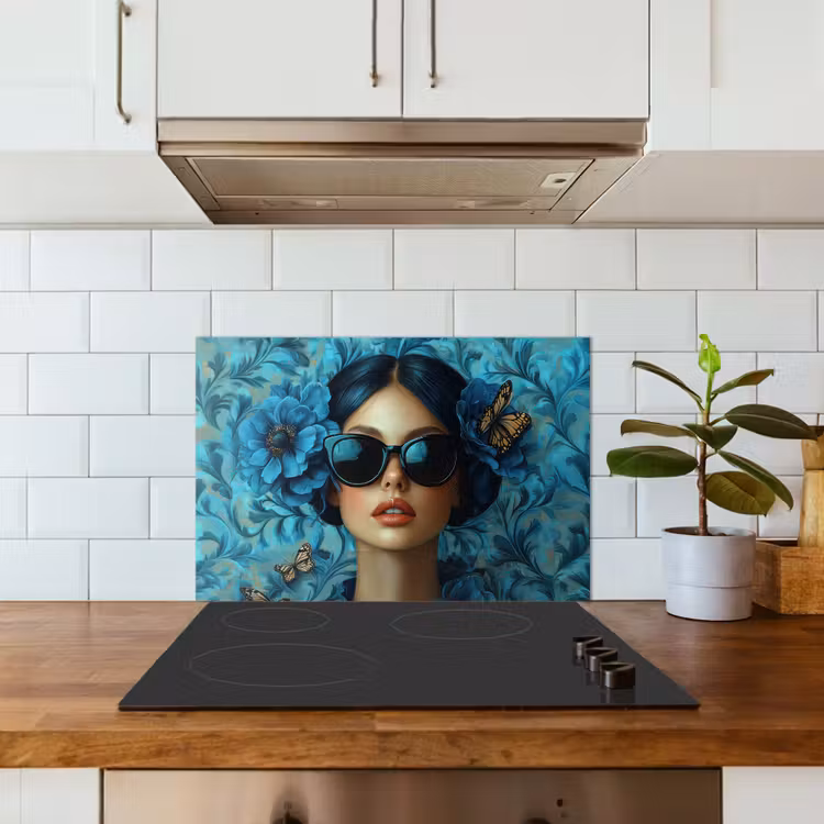 Spatscherm keuken - Vrouw - Bloemen - Vlinders - Blauw - Abstract — 3