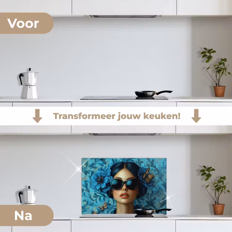 Spatscherm keuken - Vrouw - Bloemen - Vlinders - Blauw - Abstract — 7