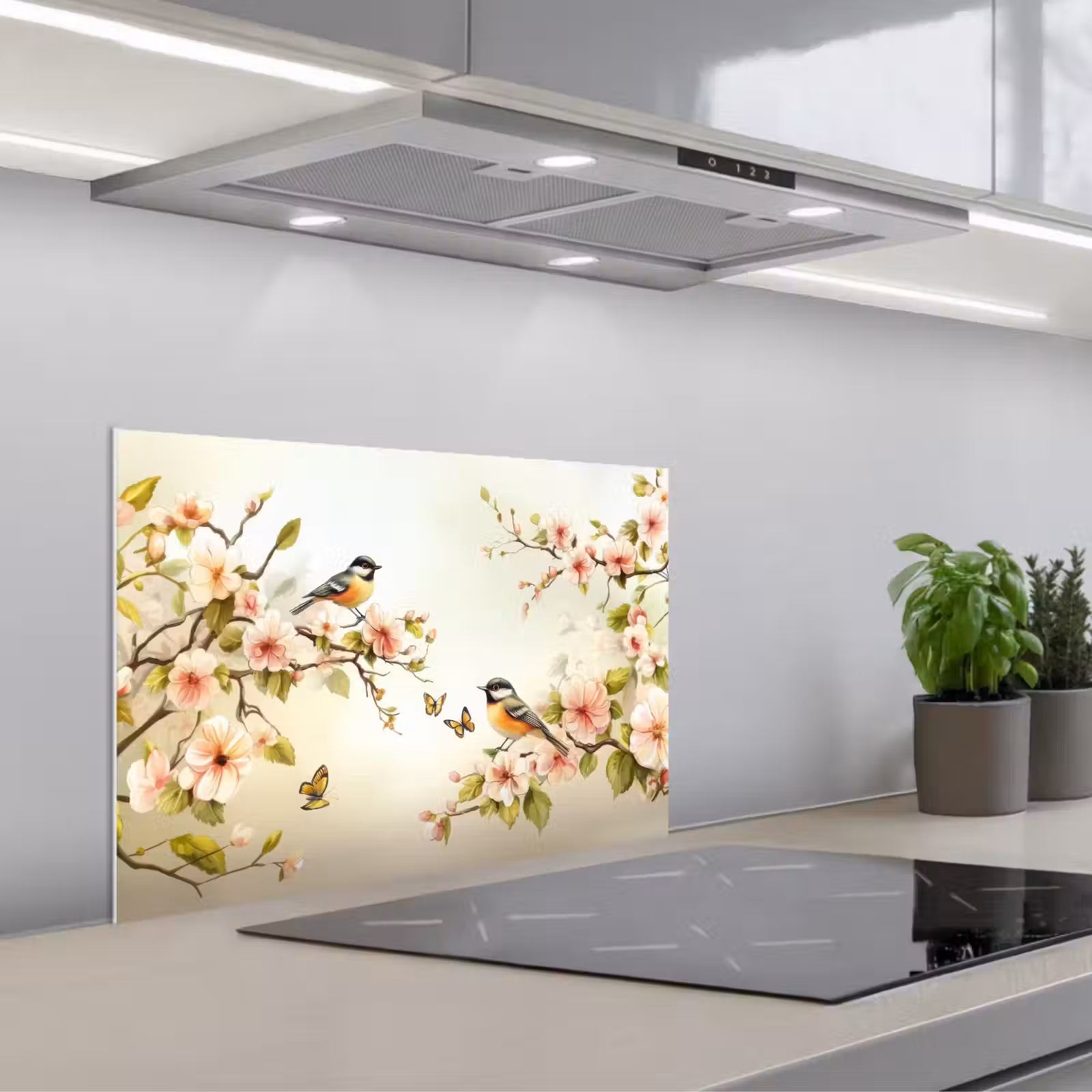 Spatscherm keuken - Takken - Bloemen - Vogeltjes - Roze — 1